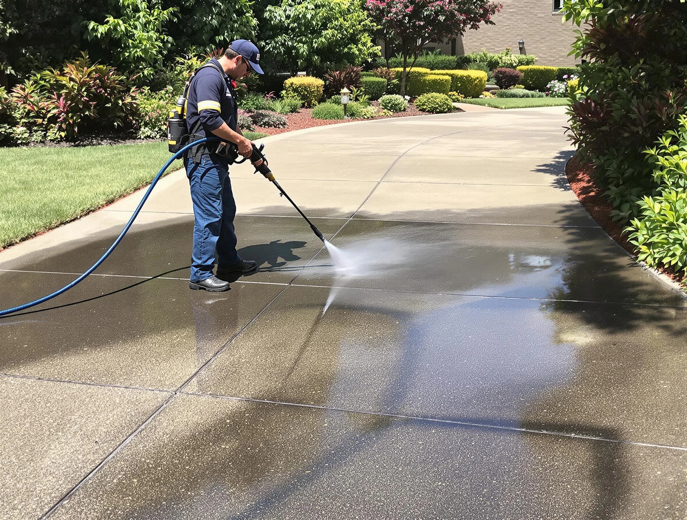 Experienced Berea Power Washing team member pressure washing a driveway in Berea