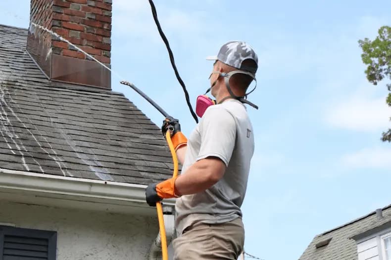 Berea Power Washing professional performing gentle roof washing service in Berea